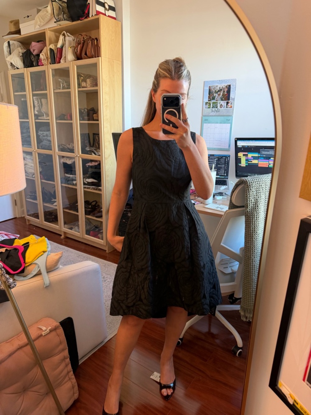 C. Luce Black Textured Asymmetrical rosette dress